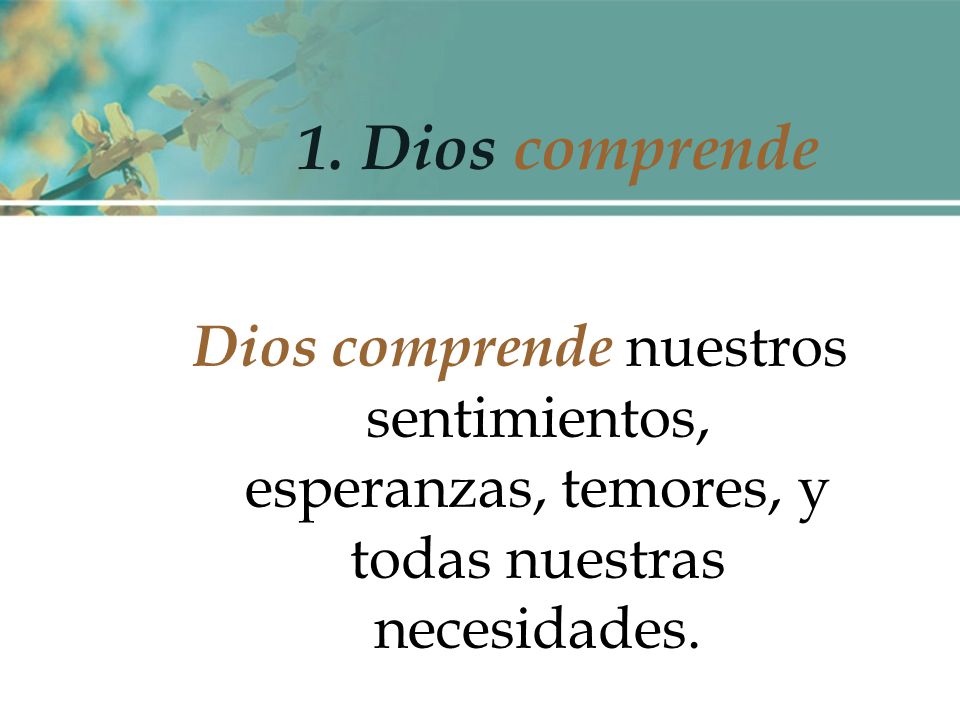 1. Dios comprende Dios comprende nuestros sentimientos, esperanzas, temores, y todas nuestras necesidades.