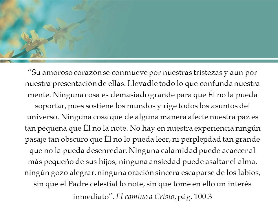 Su amoroso corazón se conmueve por nuestras tristezas y aun por nuestra presentación de ellas. Llevadle todo lo que confunda nuestra mente. Ninguna cosa es demasiado grande para que Él no la pueda soportar, pues sostiene los mundos y rige todos los asuntos del universo. Ninguna cosa que de alguna manera afecte nuestra paz es tan pequeña que Él no la note. No hay en nuestra experiencia ningún pasaje tan obscuro que Él no lo pueda leer, ni perplejidad tan grande que no la pueda desenredar. Ninguna calamidad puede acaecer al más pequeño de sus hijos, ninguna ansiedad puede asaltar el alma, ningún gozo alegrar, ninguna oración sincera escaparse de los labios, sin que el Padre celestial lo note, sin que tome en ello un interés inmediato . El camino a Cristo, pág