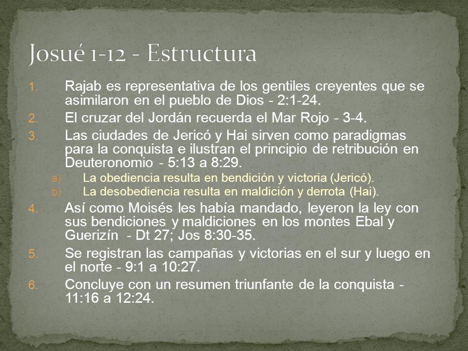 Josué Estructura Rajab es representativa de los gentiles creyentes que se asimilaron en el pueblo de Dios - 2:1-24.