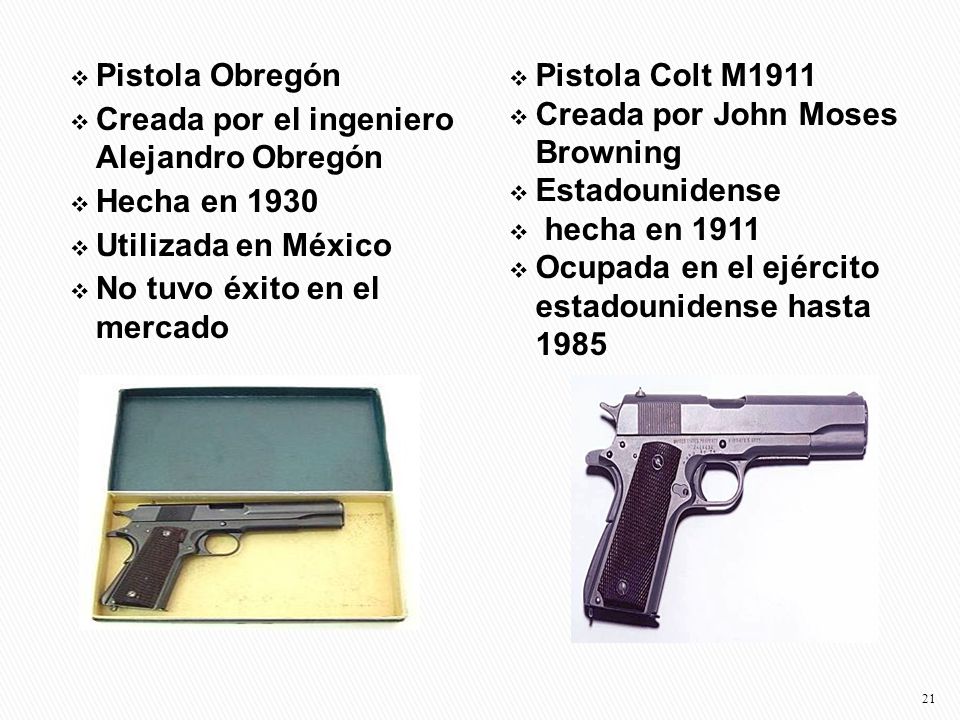 Pistola Obregón Creada por el ingeniero Alejandro Obregón. Hecha en Utilizada en México. No tuvo éxito en el mercado.