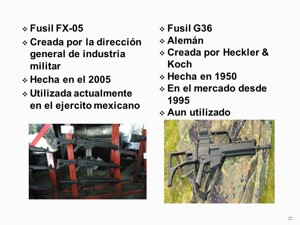 Fusil FX-05 Creada por la dirección general de industria militar. Hecha en el Utilizada actualmente en el ejercito mexicano.