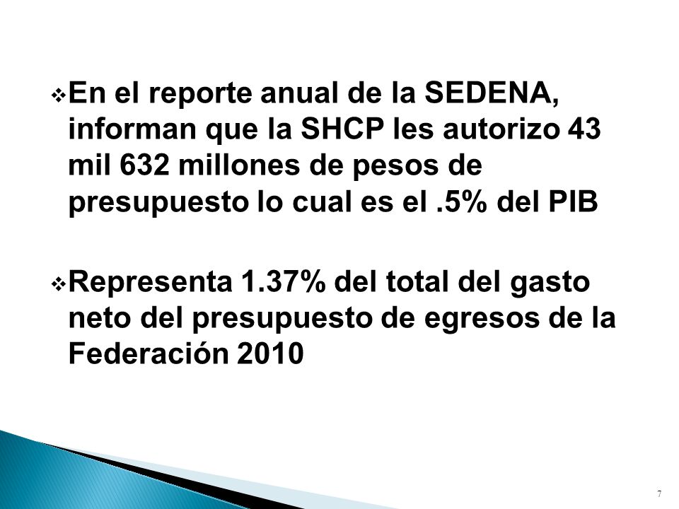 En el reporte anual de la SEDENA, informan que la SHCP les autorizo 43 mil 632 millones de pesos de presupuesto lo cual es el .5% del PIB
