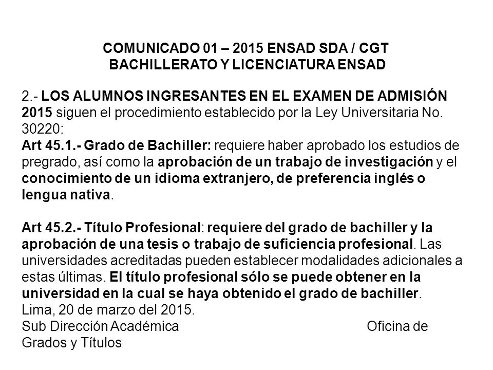 COMUNICADO 01 – 2015 ENSAD SDA / CGT BACHILLERATO Y LICENCIATURA ENSAD