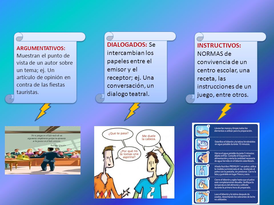 ARGUMENTATIVOS: Muestran el punto de vista de un autor sobre un tema; ej. Un artículo de opinión en contra de las fiestas tauristas.