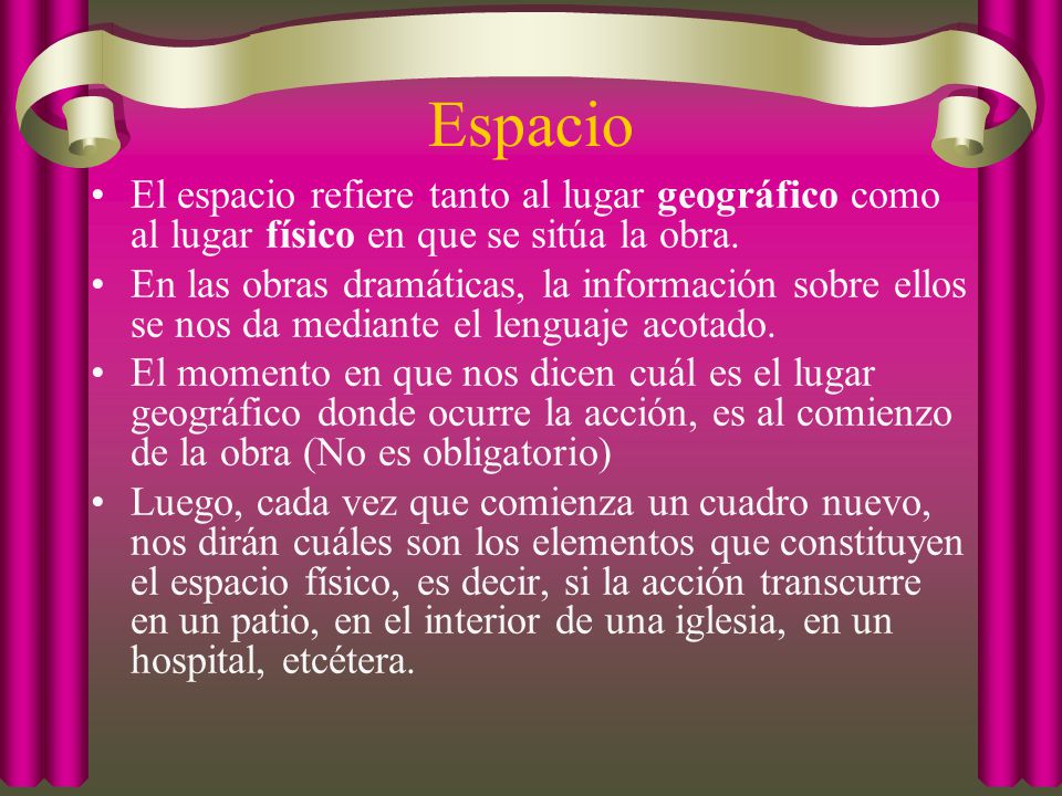 Espacio El espacio refiere tanto al lugar geográfico como al lugar físico en que se sitúa la obra.