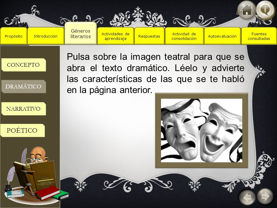 Géneros literarios Propósito. Introducción. Actividad de consolidación. Fuentes. consultadas. Actividades de aprendizaje.