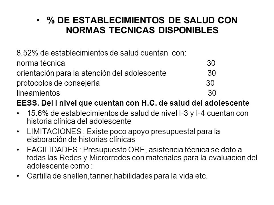 % DE ESTABLECIMIENTOS DE SALUD CON NORMAS TECNICAS DISPONIBLES