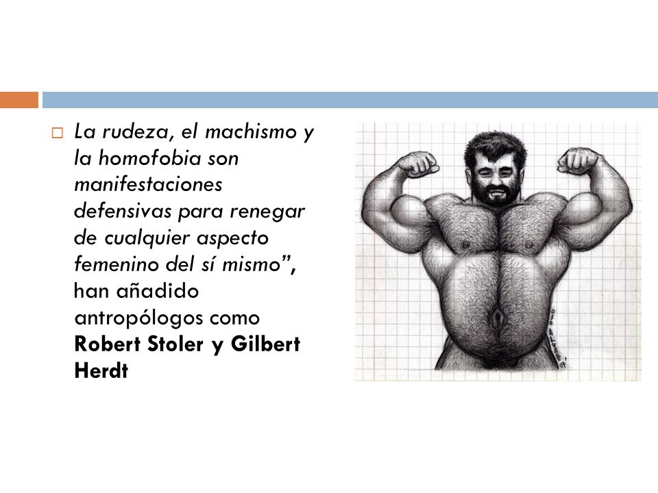La rudeza, el machismo y la homofobia son manifestaciones defensivas para renegar de cualquier aspecto femenino del sí mismo , han añadido antropólogos como Robert Stoler y Gilbert Herdt