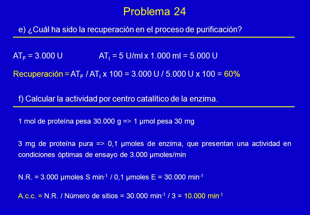 Problema 24 e) ¿Cuál ha sido la recuperación en el proceso de purificación ATF = U ATI = 5 U/ml x ml = U.
