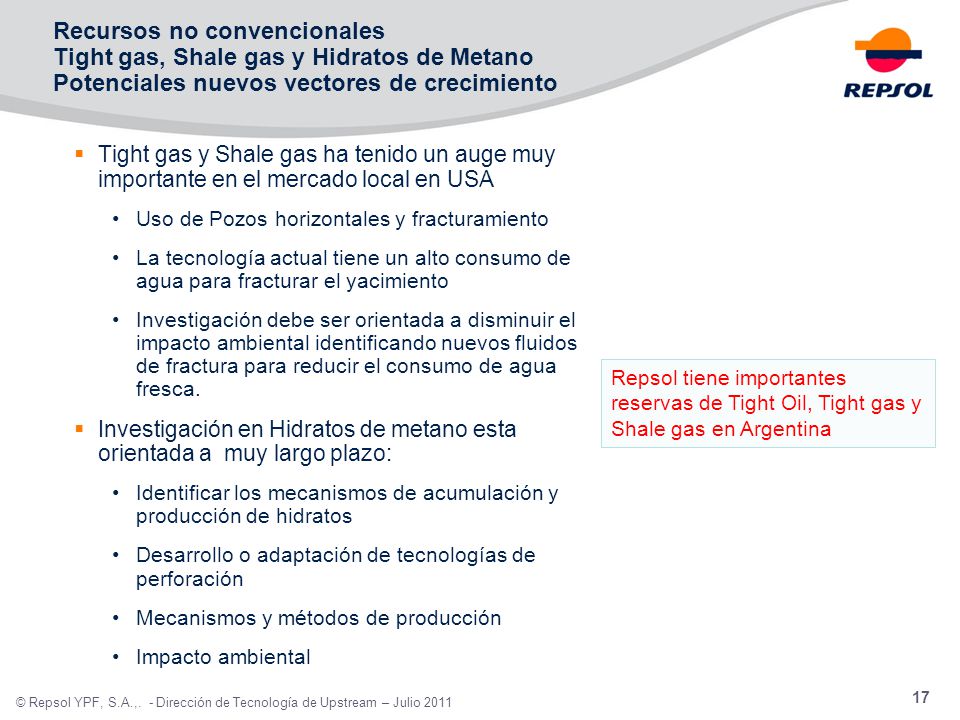 Recursos no convencionales Tight gas, Shale gas y Hidratos de Metano Potenciales nuevos vectores de crecimiento