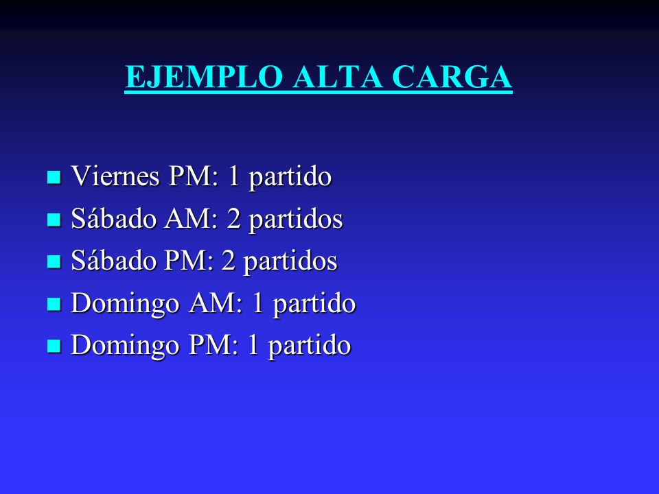 EJEMPLO ALTA CARGA Viernes PM: 1 partido Sábado AM: 2 partidos