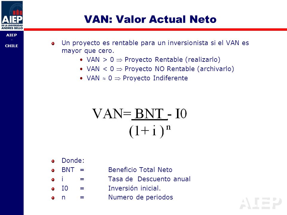 VAN: Valor Actual Neto Un proyecto es rentable para un inversionista si el VAN es mayor que cero. VAN > 0  Proyecto Rentable (realizarlo)