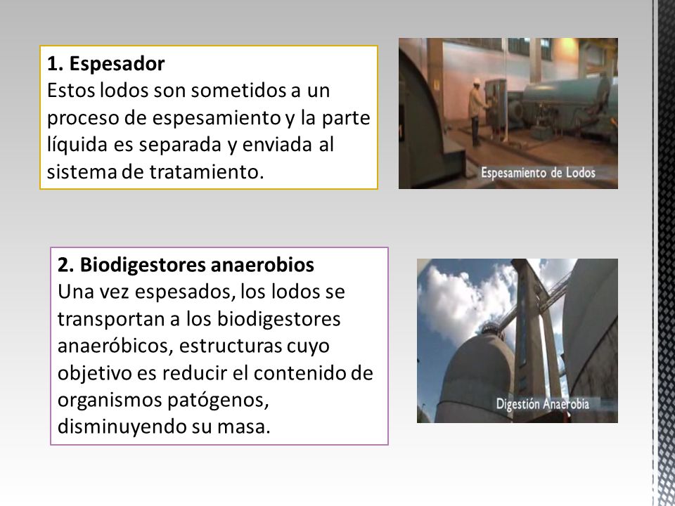 1. Espesador Estos lodos son sometidos a un proceso de espesamiento y la parte líquida es separada y enviada al sistema de tratamiento.