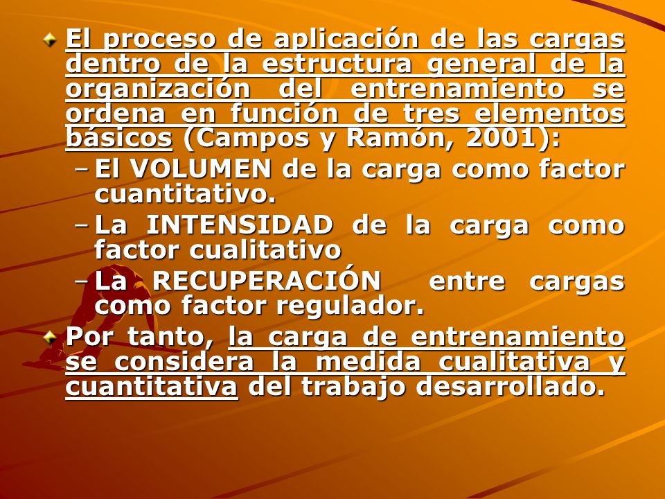 El proceso de aplicación de las cargas dentro de la estructura general de la organización del entrenamiento se ordena en función de tres elementos básicos (Campos y Ramón, 2001):