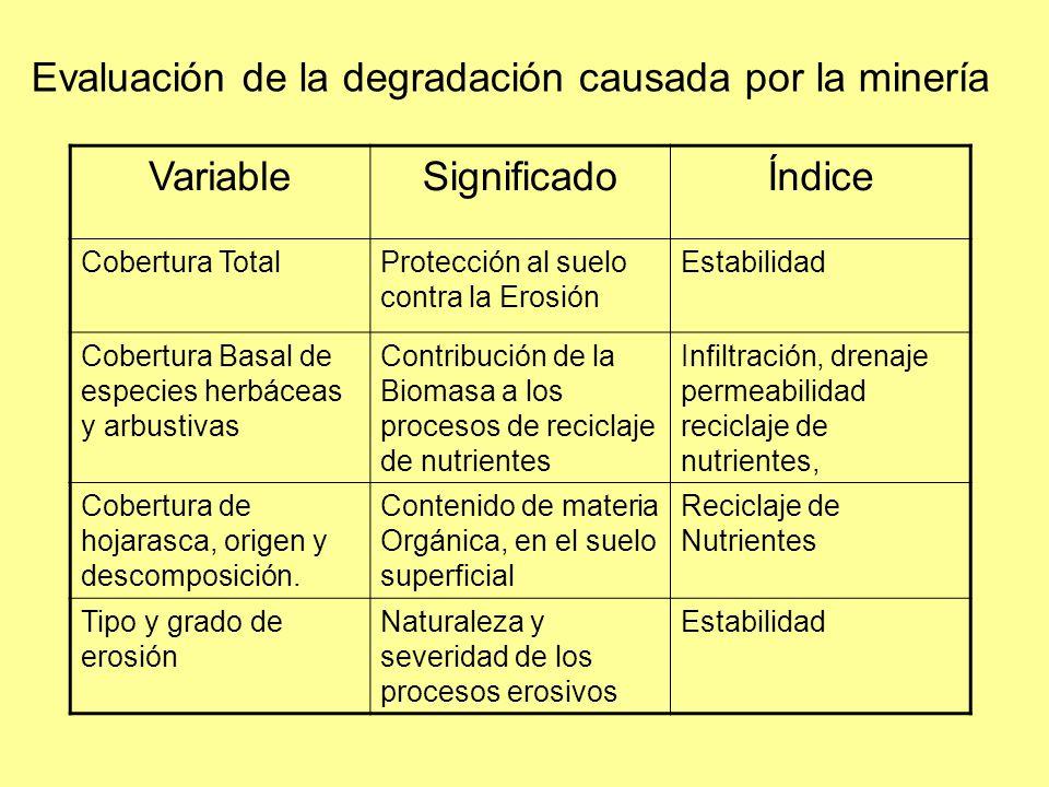 Evaluación de la degradación causada por la minería Variable