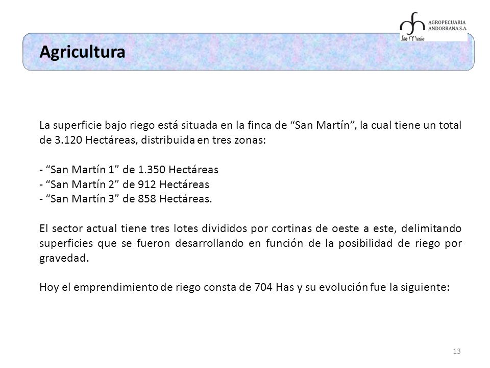 Agricultura La superficie bajo riego está situada en la finca de San Martín , la cual tiene un total de Hectáreas, distribuida en tres zonas: