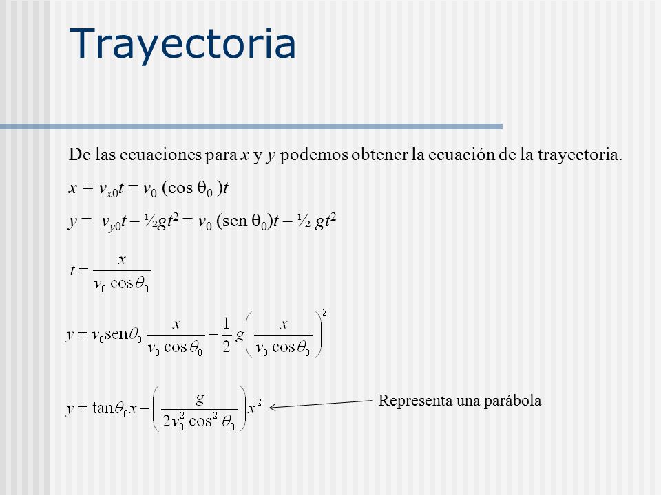 Trayectoria De las ecuaciones para x y y podemos obtener la ecuación de la trayectoria. x = vx0t = v0 (cos q0 )t.