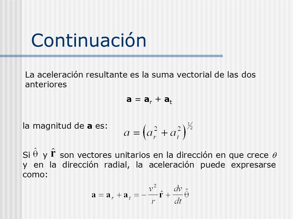 Continuación La aceleración resultante es la suma vectorial de las dos anteriores. a = ar + at. la magnitud de a es: