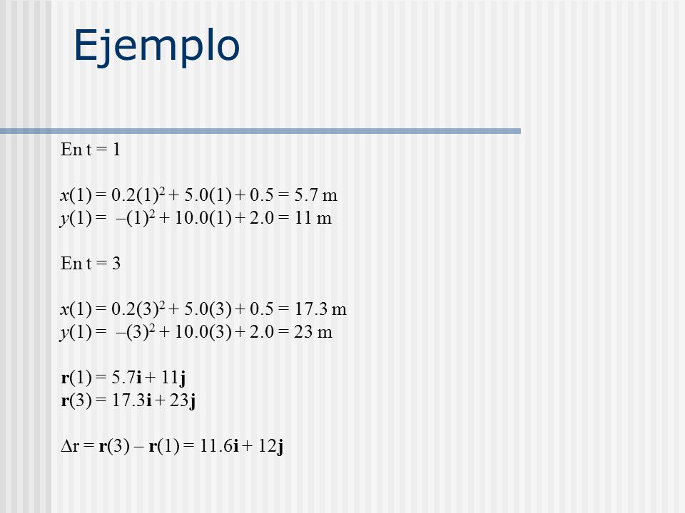 Ejemplo En t = 1 x(1) = 0.2(1) (1) = 5.7 m