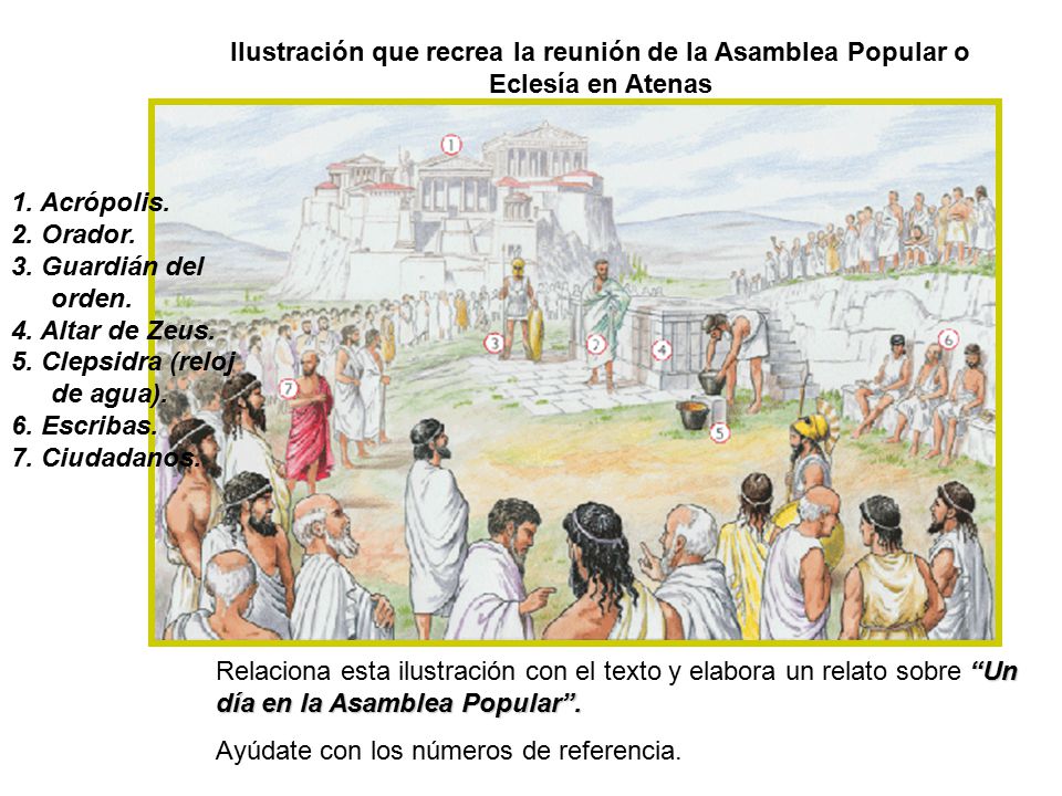 Ilustración que recrea la reunión de la Asamblea Popular o Eclesía en Atenas