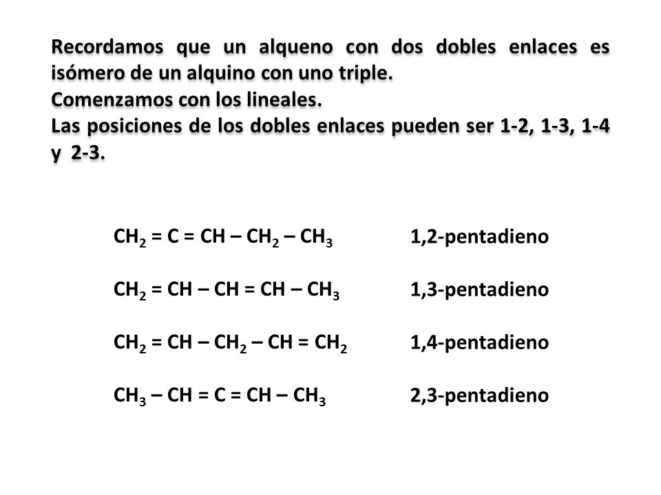 Recordamos que un alqueno con dos dobles enlaces es isómero de un alquino con uno triple.