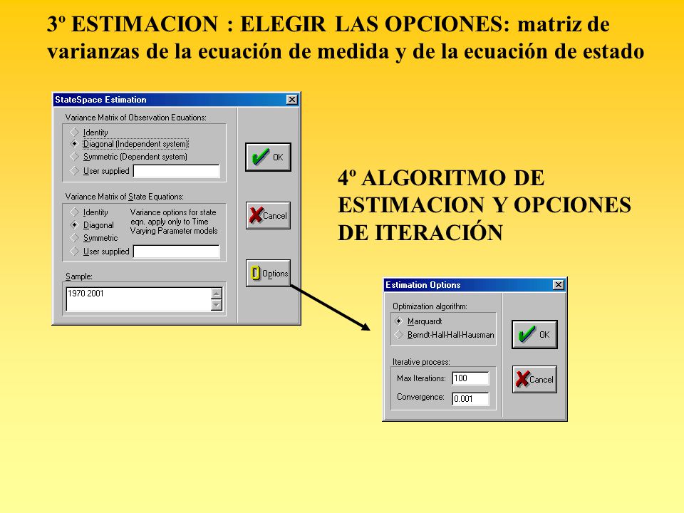 3º ESTIMACION : ELEGIR LAS OPCIONES: matriz de varianzas de la ecuación de medida y de la ecuación de estado