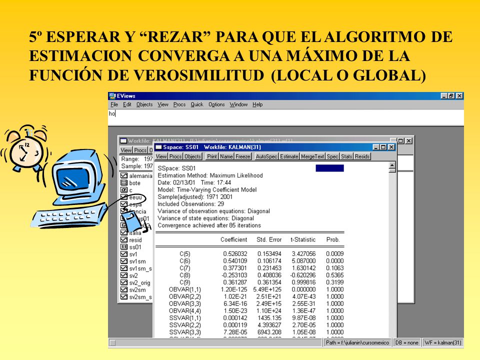 5º ESPERAR Y REZAR PARA QUE EL ALGORITMO DE ESTIMACION CONVERGA A UNA MÁXIMO DE LA FUNCIÓN DE VEROSIMILITUD (LOCAL O GLOBAL)
