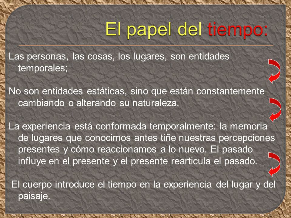 El papel del tiempo: Las personas, las cosas, los lugares, son entidades temporales;