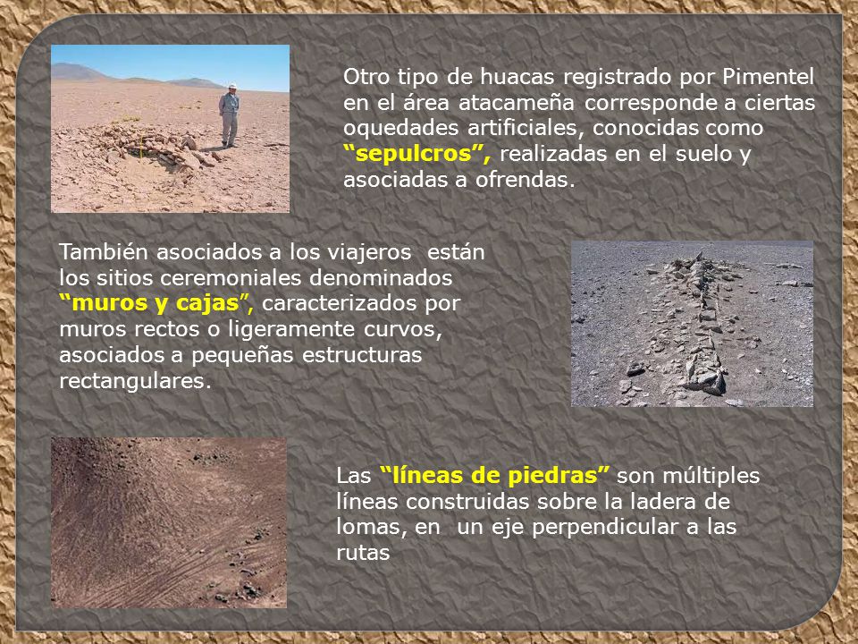 Otro tipo de huacas registrado por Pimentel en el área atacameña corresponde a ciertas oquedades artificiales, conocidas como sepulcros , realizadas en el suelo y asociadas a ofrendas.