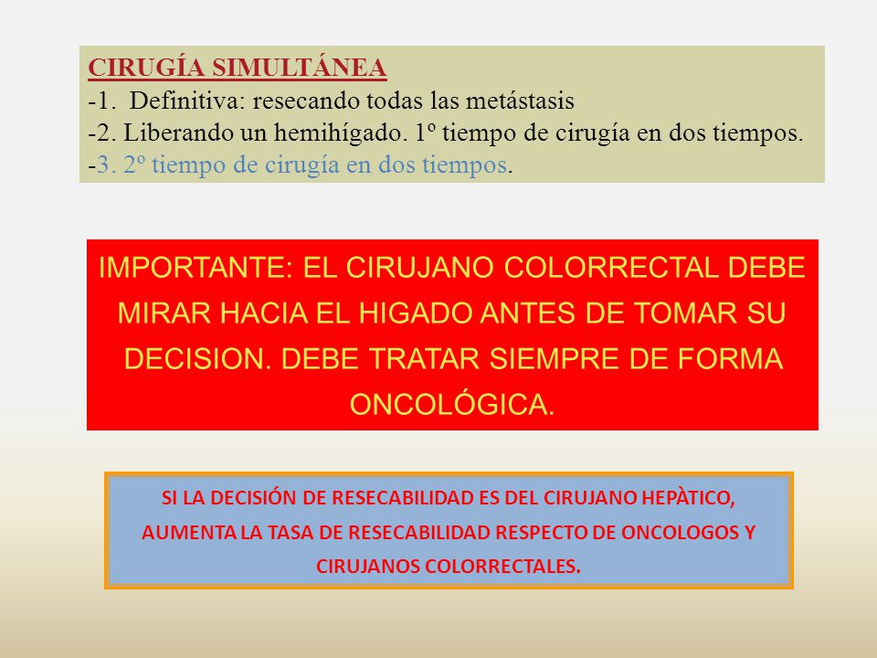CIRUGÍA SIMULTÁNEA -1. Definitiva: resecando todas las metástasis. -2. Liberando un hemihígado. 1º tiempo de cirugía en dos tiempos.
