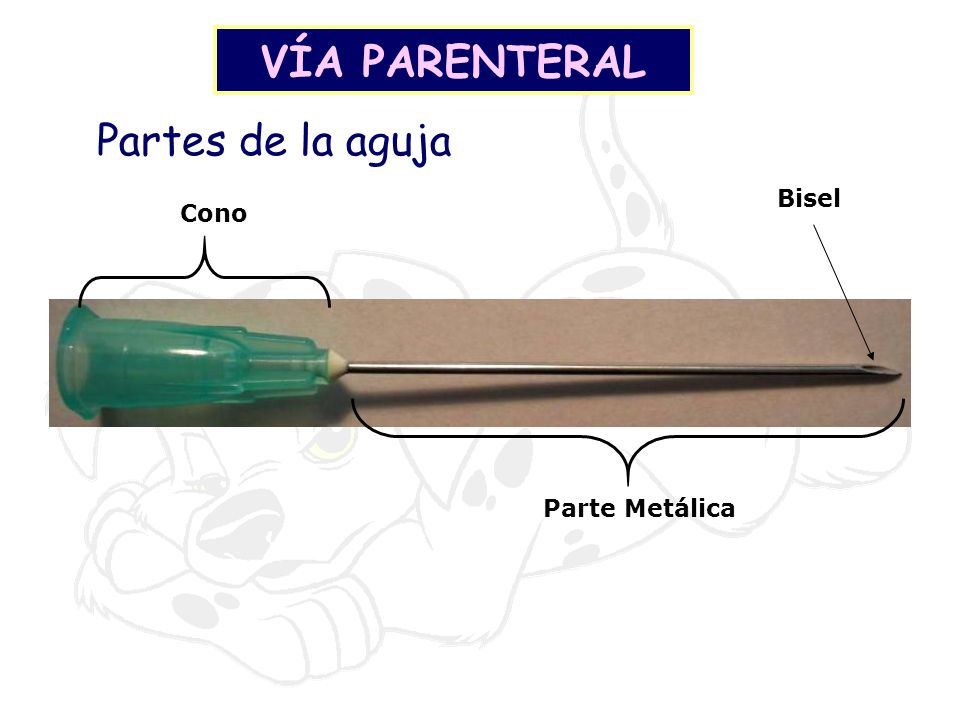 VÍA PARENTERAL Partes de la aguja Bisel Cono Parte Metálica