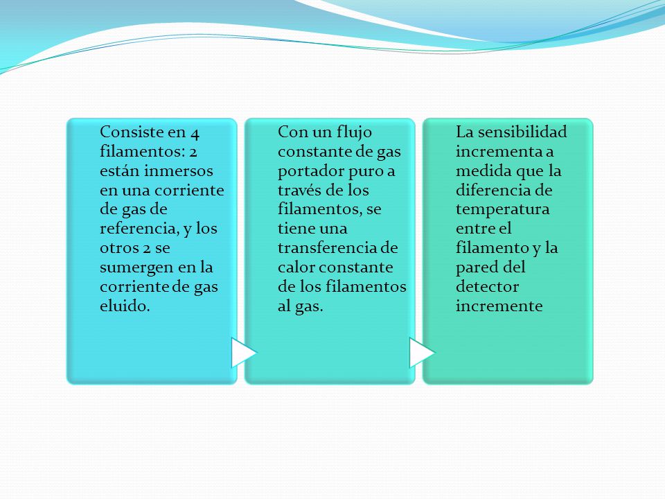 Consiste en 4 filamentos: 2 están inmersos en una corriente de gas de referencia, y los otros 2 se sumergen en la corriente de gas eluido.