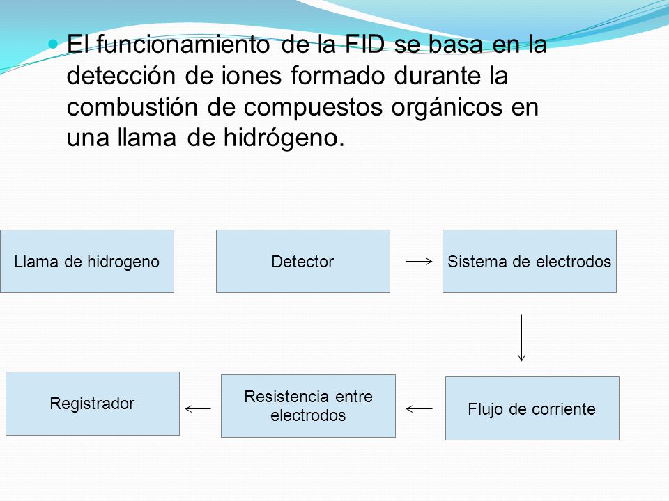 El funcionamiento de la FID se basa en la detección de iones formado durante la combustión de compuestos orgánicos en una llama de hidrógeno.