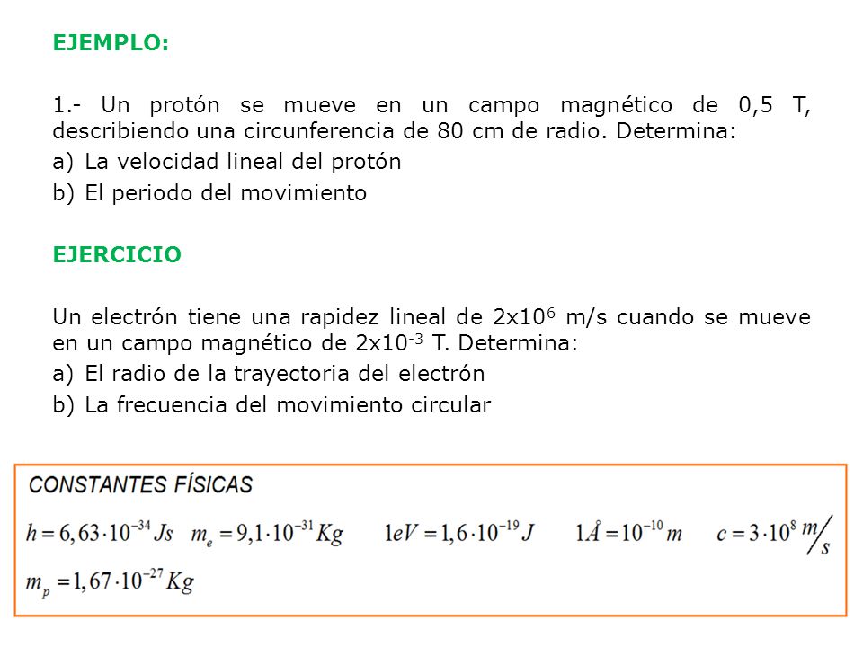 EJEMPLO: 1.- Un protón se mueve en un campo magnético de 0,5 T, describiendo una circunferencia de 80 cm de radio. Determina: