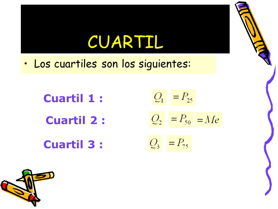 CUARTIL Los cuartiles son los siguientes: Cuartil 1 : Cuartil 2 :