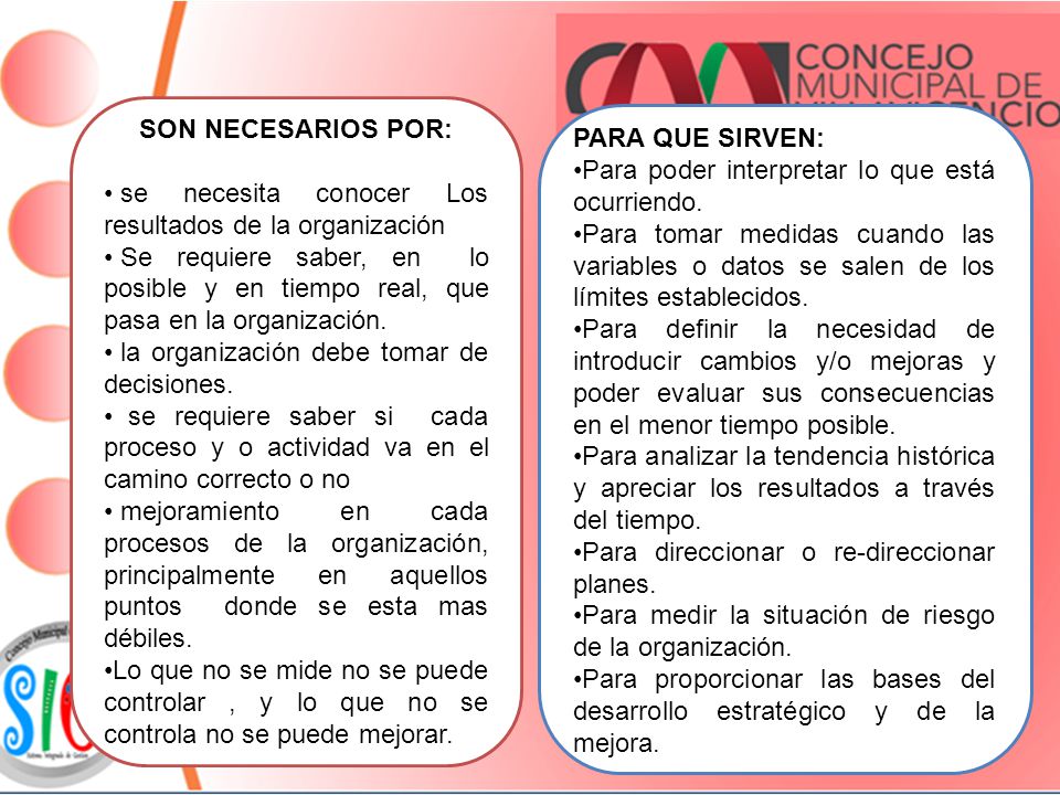 SON NECESARIOS POR: se necesita conocer Los resultados de la organización.