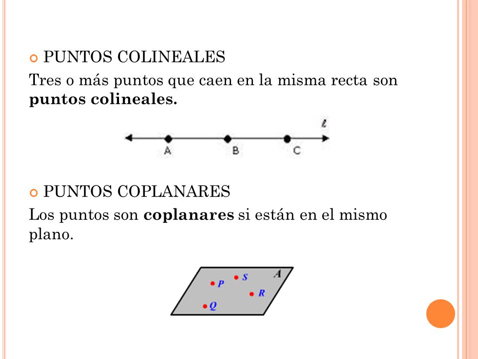 PUNTOS COLINEALES Tres o más puntos que caen en la misma recta son puntos colineales. PUNTOS COPLANARES.