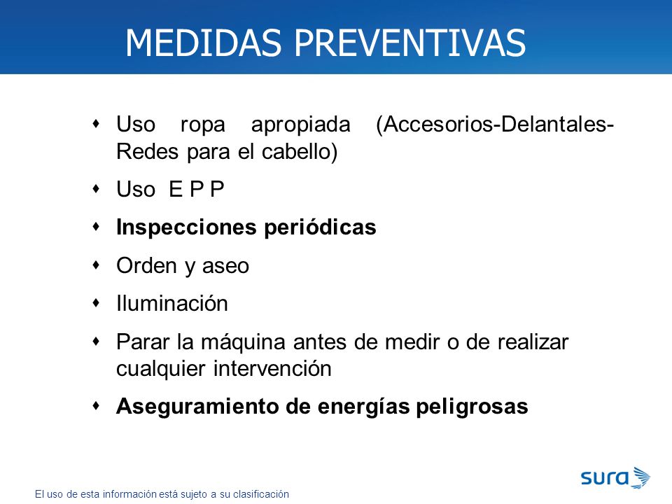 MEDIDAS PREVENTIVAS Uso ropa apropiada (Accesorios-Delantales- Redes para el cabello) Uso E P P. Inspecciones periódicas.