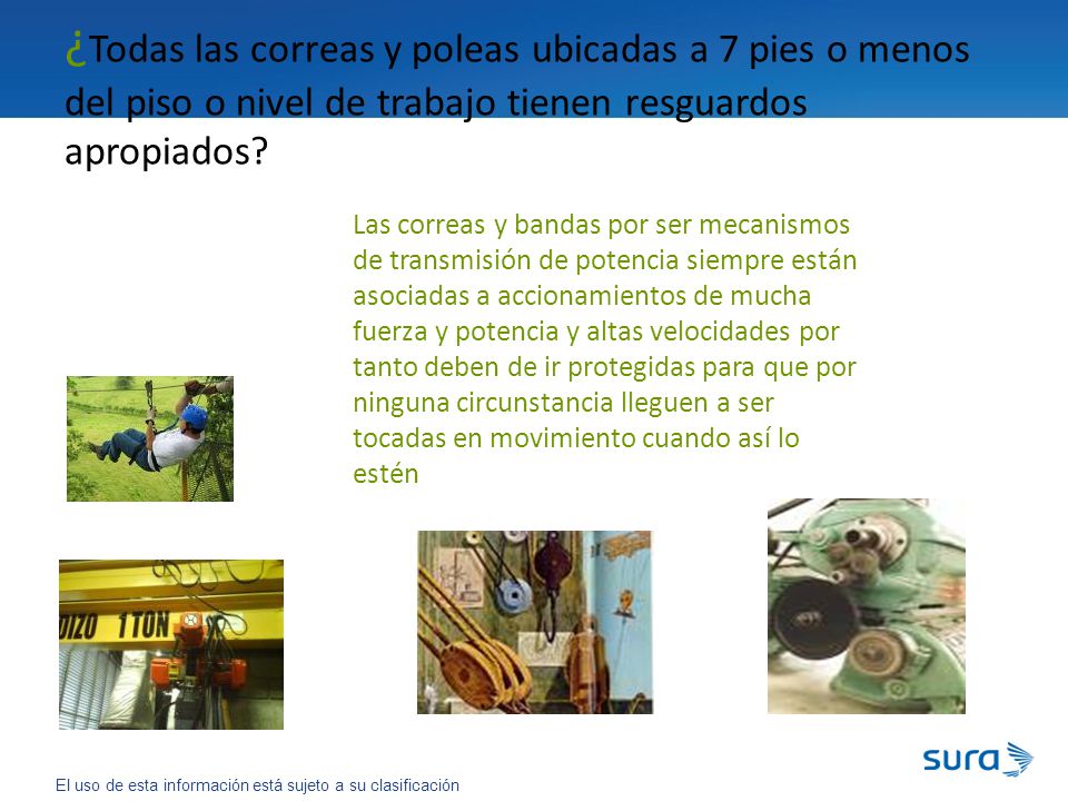 ¿Todas las correas y poleas ubicadas a 7 pies o menos del piso o nivel de trabajo tienen resguardos apropiados
