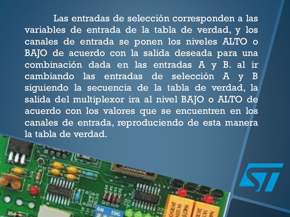 Las entradas de selección corresponden a las variables de entrada de la tabla de verdad, y los canales de entrada se ponen los niveles ALTO o BAJO de acuerdo con la salida deseada para una combinación dada en las entradas A y B.