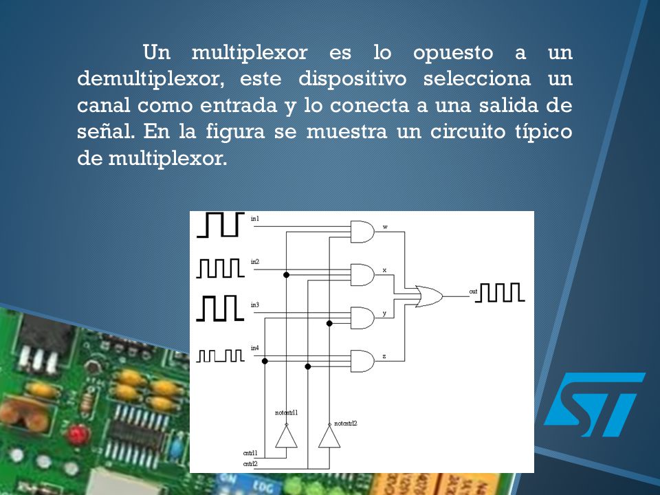 Un multiplexor es lo opuesto a un demultiplexor, este dispositivo selecciona un canal como entrada y lo conecta a una salida de señal.