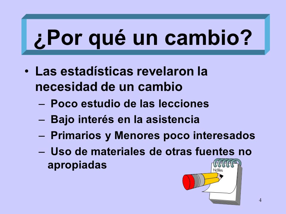 ¿Por qué un cambio Las estadísticas revelaron la necesidad de un cambio. Poco estudio de las lecciones.