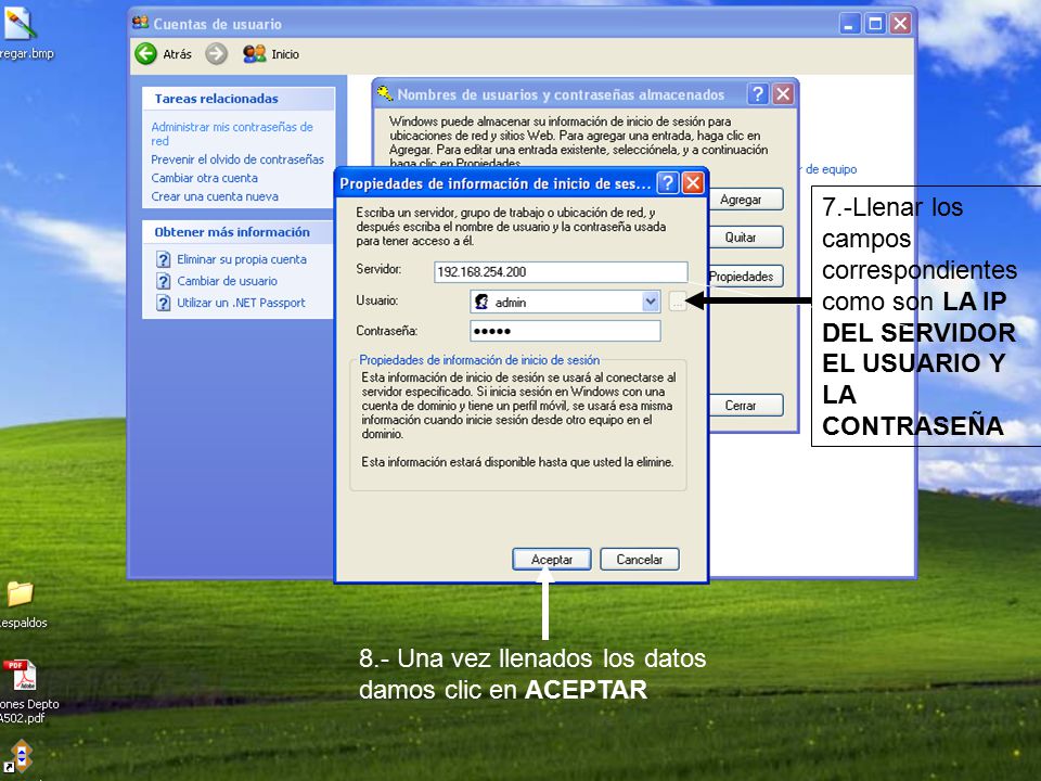 7.-Llenar los campos correspondientes como son LA IP DEL SERVIDOR EL USUARIO Y LA CONTRASEÑA