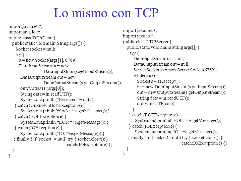 Lo mismo con TCP NOTAS import java.net.*; import java.io.*;