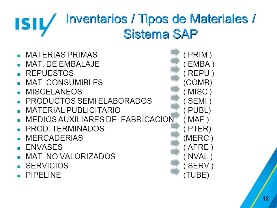 Inventarios / Tipos de Materiales / Sistema SAP