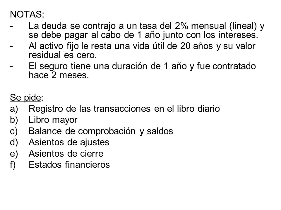 NOTAS: - La deuda se contrajo a un tasa del 2% mensual (lineal) y se debe pagar al cabo de 1 año junto con los intereses.