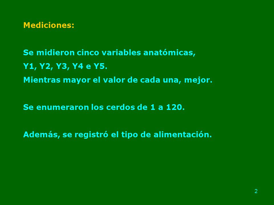 Mediciones: Se midieron cinco variables anatómicas, Y1, Y2, Y3, Y4 e Y5. Mientras mayor el valor de cada una, mejor.