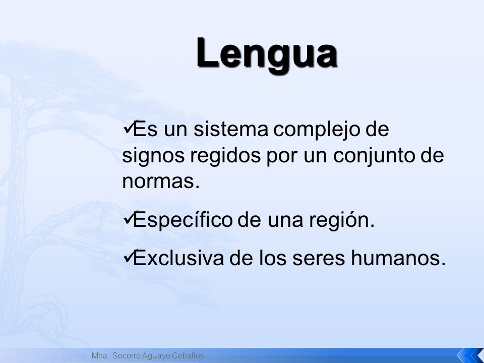 Lengua Es un sistema complejo de signos regidos por un conjunto de normas. Específico de una región.