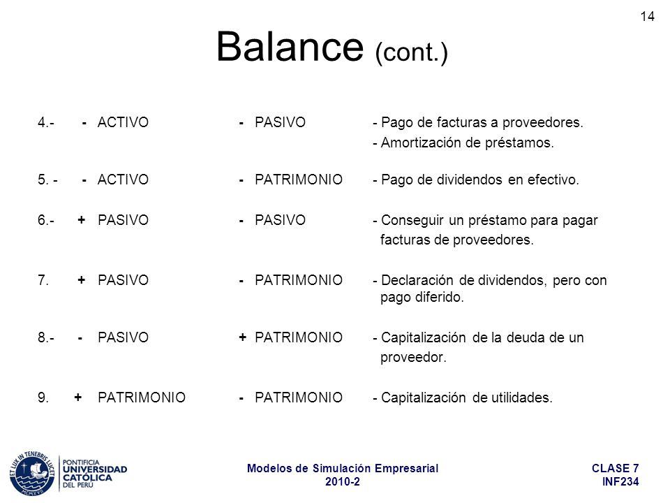 Balance (cont.) ACTIVO - PASIVO - Pago de facturas a proveedores. - Amortización de préstamos.