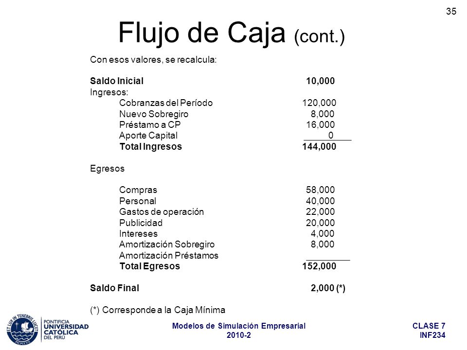 Flujo de Caja (cont.) Con esos valores, se recalcula: